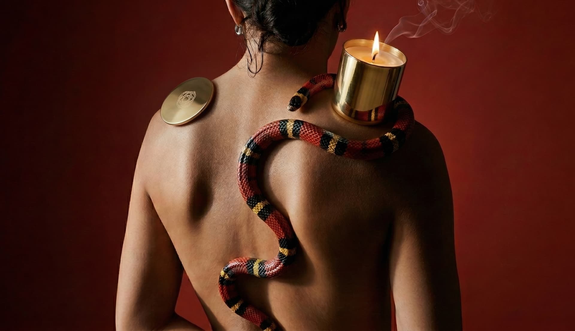Campanha LUS — figura com cobra coral e vela acesa