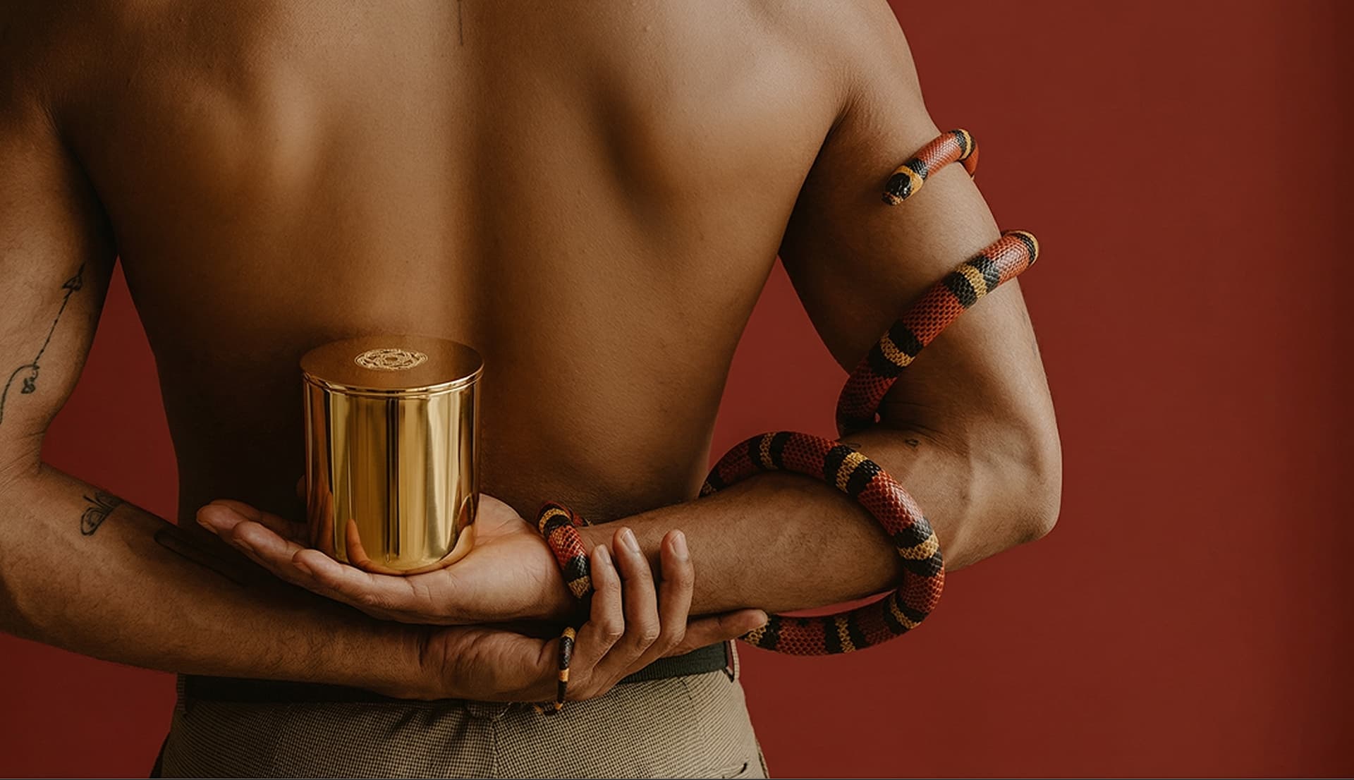 Figura masculina de costas com vela LUS e cobra coral